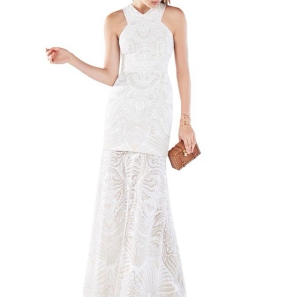 NWT BCBG MaxAzria Women's Everlie Train Maxi Gown Dress in White Bridal Size 2